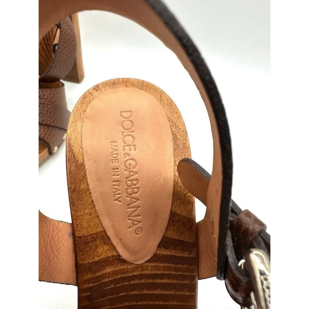 Dolce & Gabbana Wooden Platform Heels Sandals Brown Leather Italy 35.5 NEW DEFEC